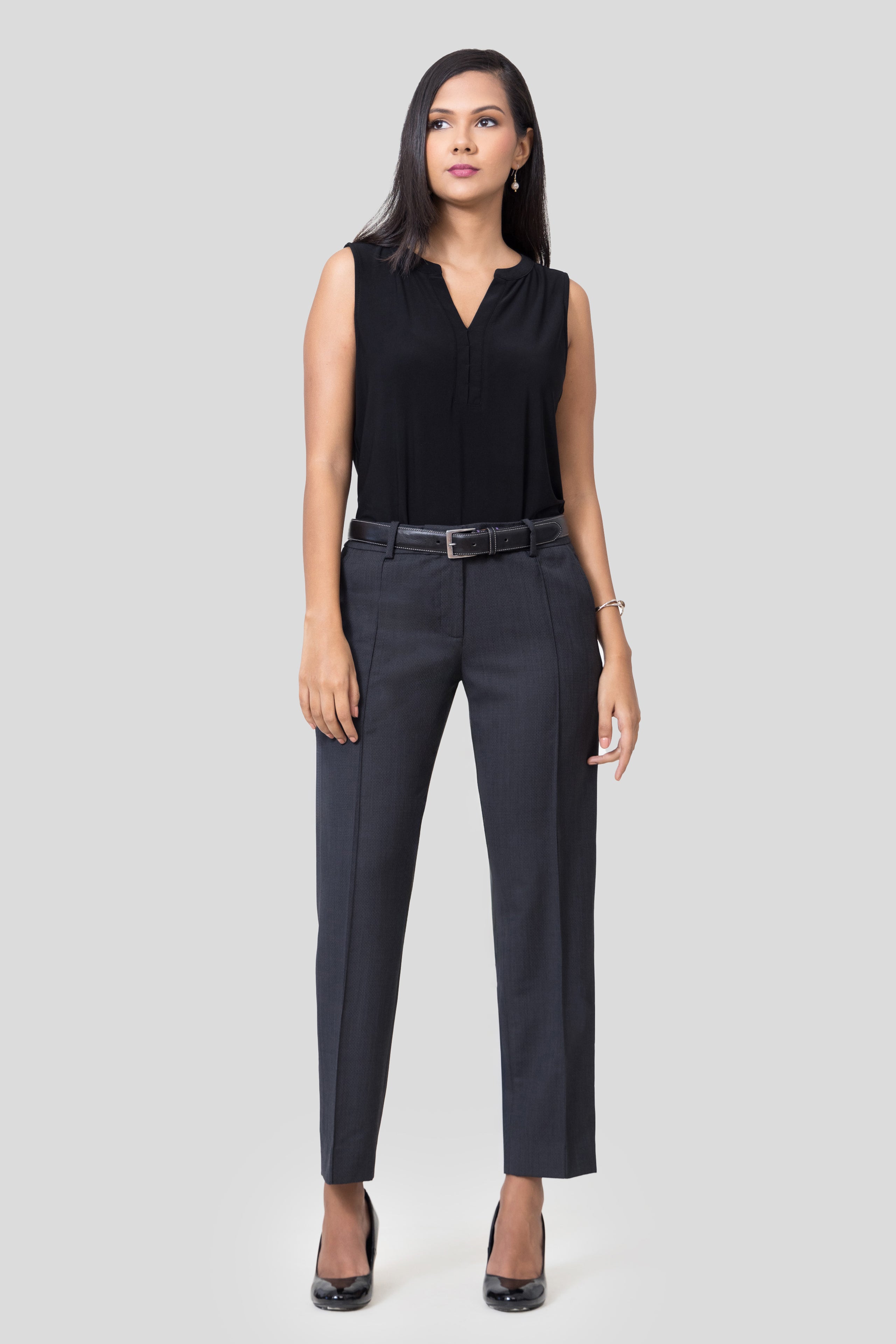 Low Waist Grey Micro Pattern Wool Trousers