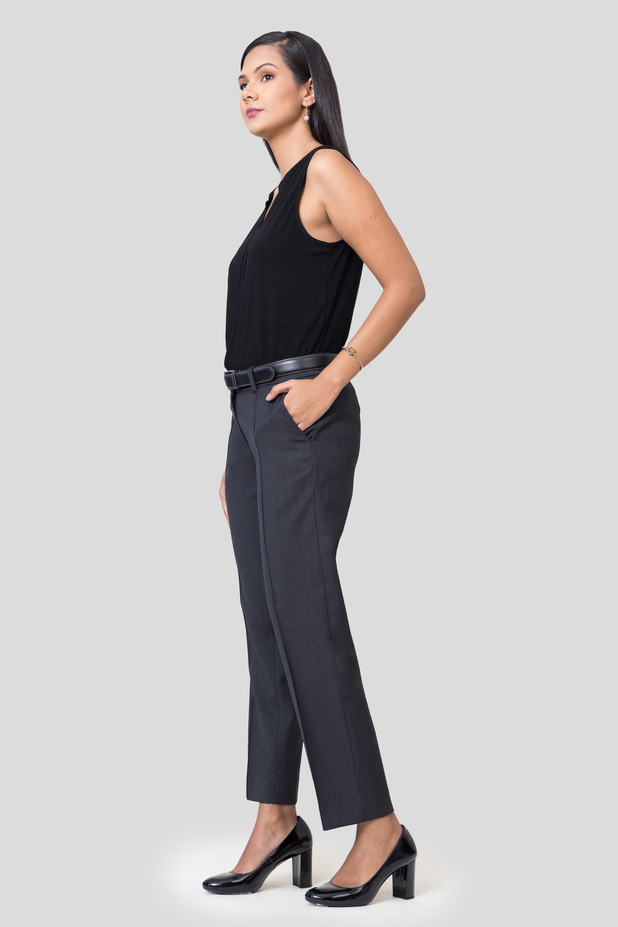 Low Waist Grey Micro Pattern Wool Trousers