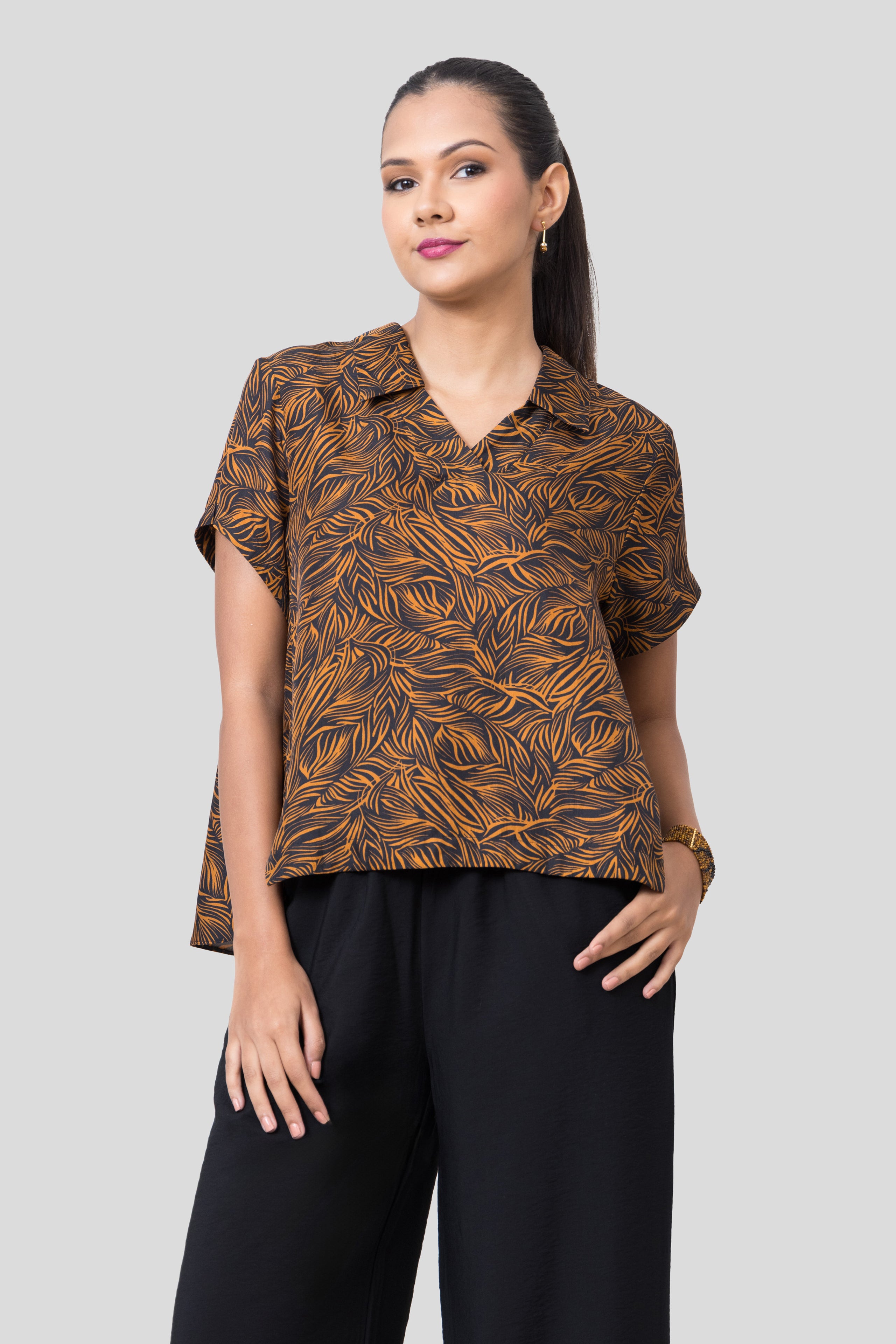 Black and Orange Silk Printed Blouse